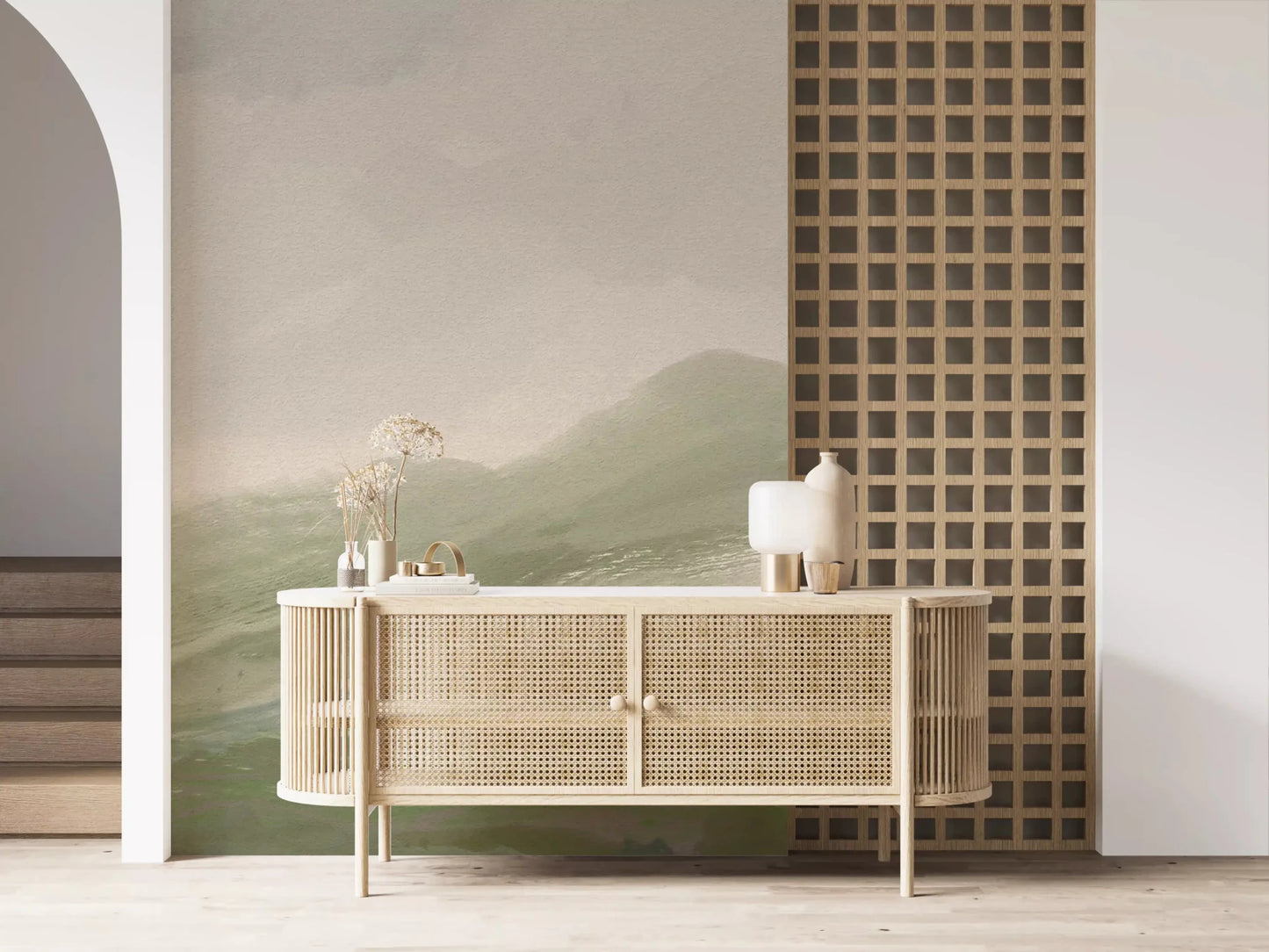 Muted green valley depicted in the Pastoral Abstract landscape Wall MuralGD9520