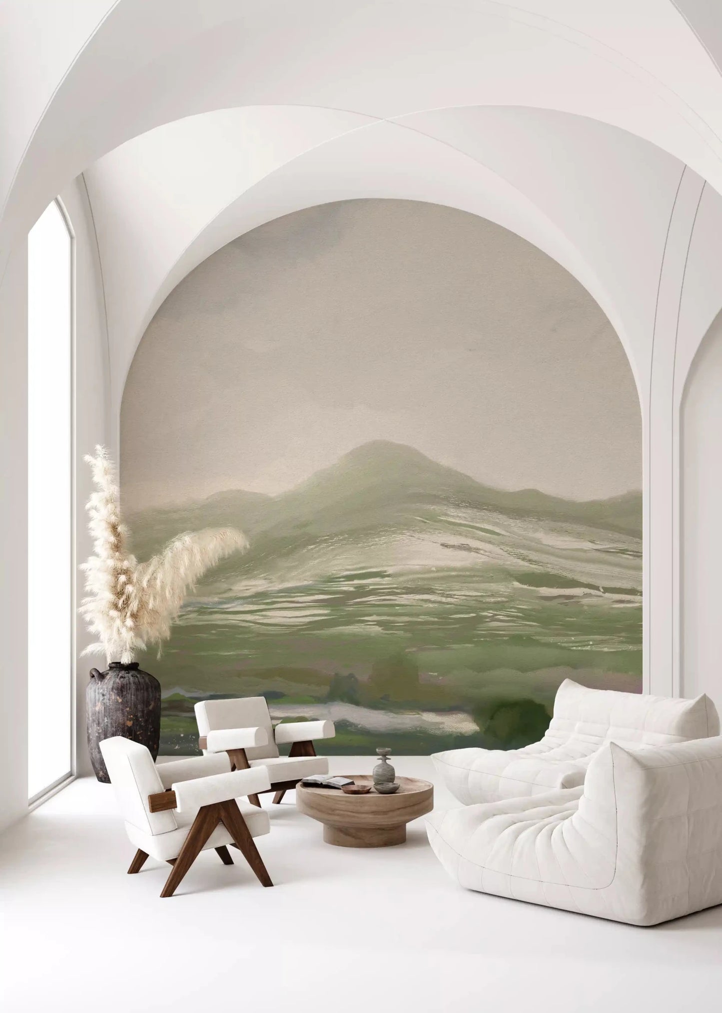 Minimalist lounge area with a Pastoral Abstract landscape Wall MuralGD9520
