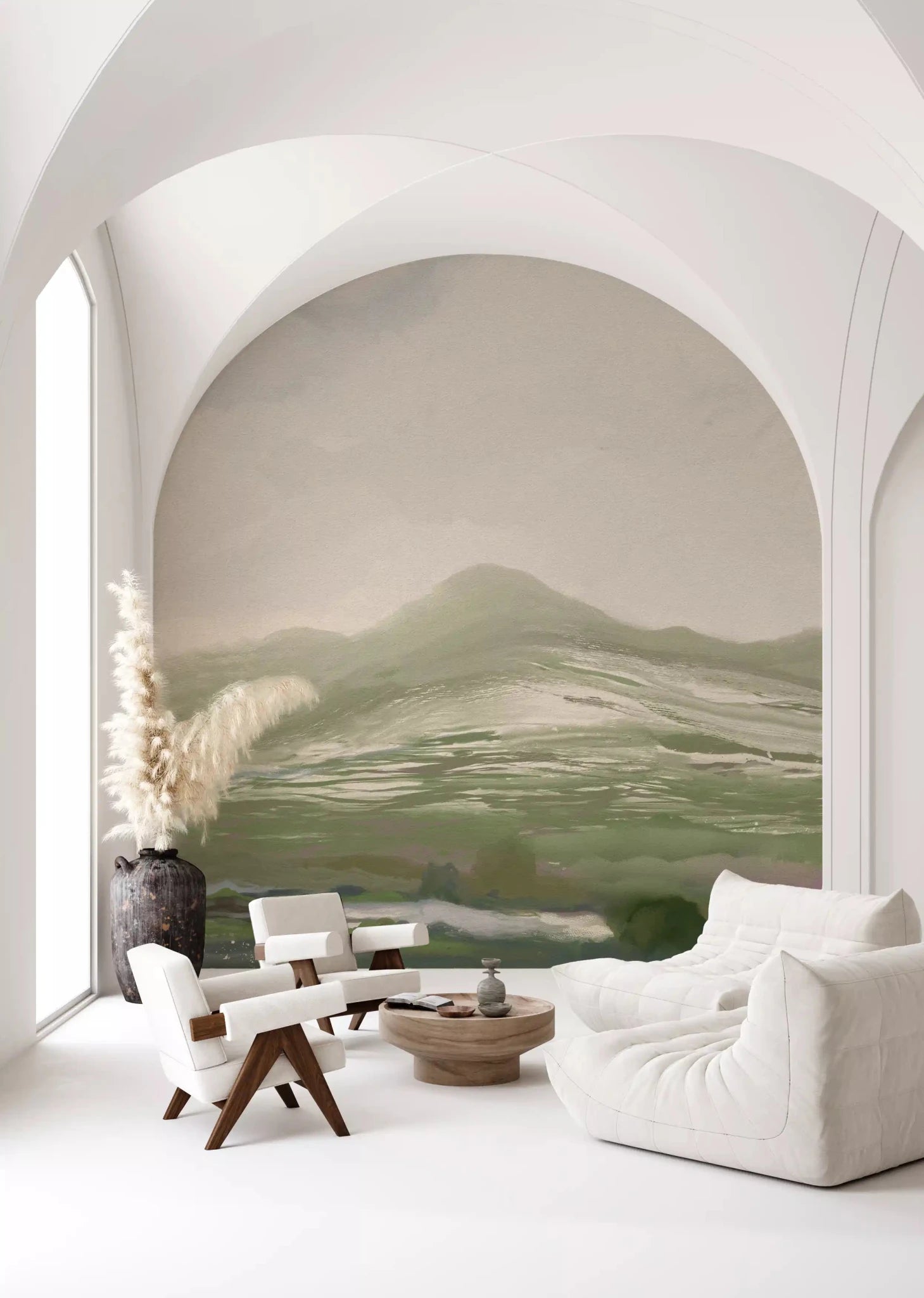 Minimalist lounge area with a Pastoral Abstract landscape Wall MuralGD9520