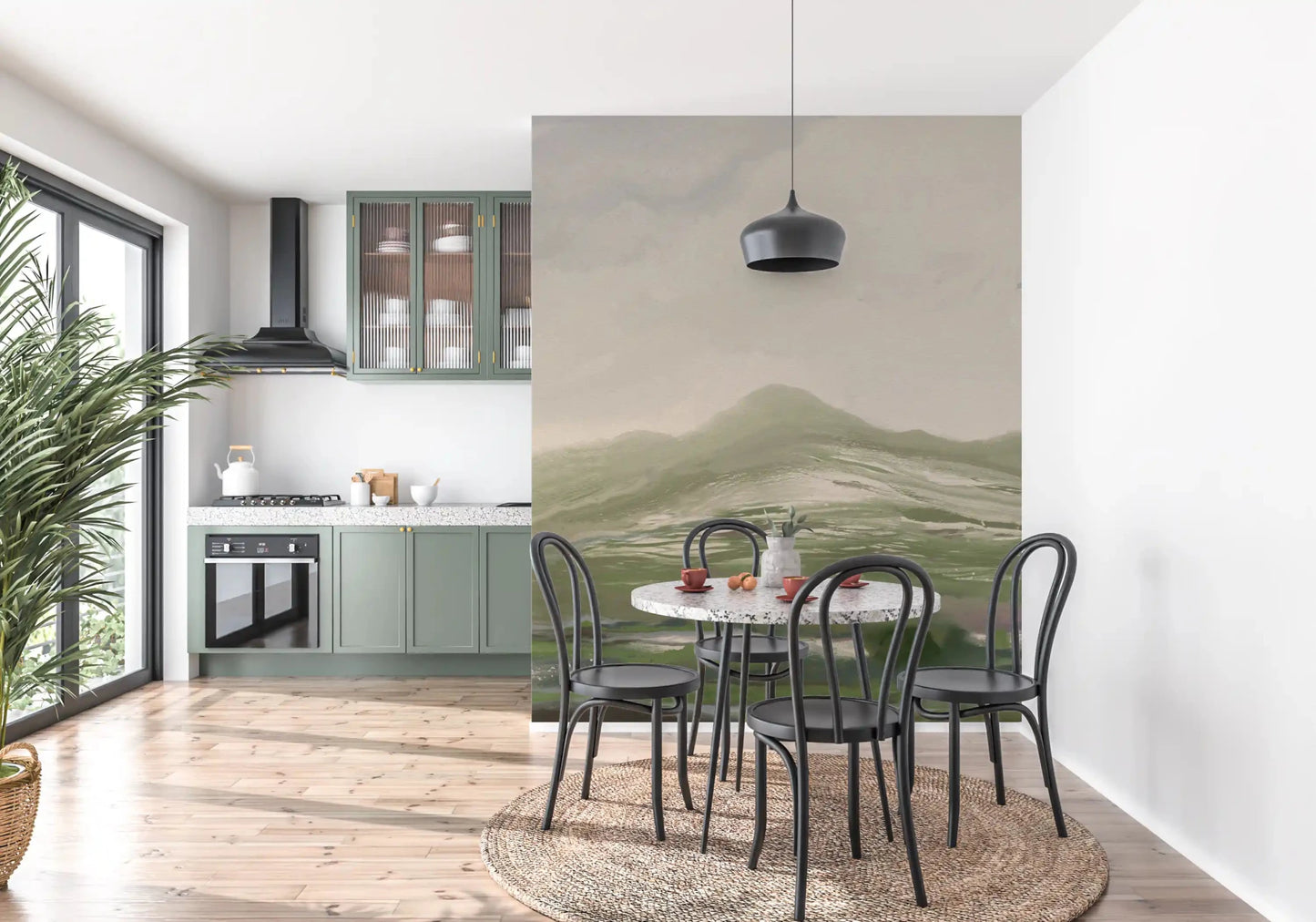 Pastoral Abstract landscape Wall Mural adds a calm mood to a dining room GD9520