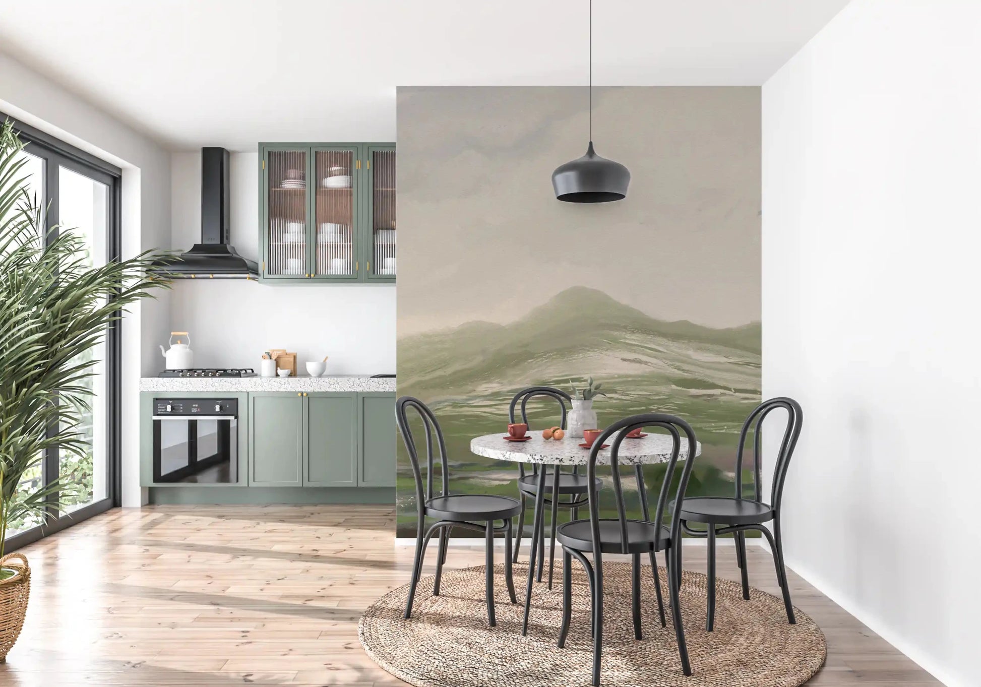 Pastoral Abstract landscape Wall Mural adds a calm mood to a dining room GD9520