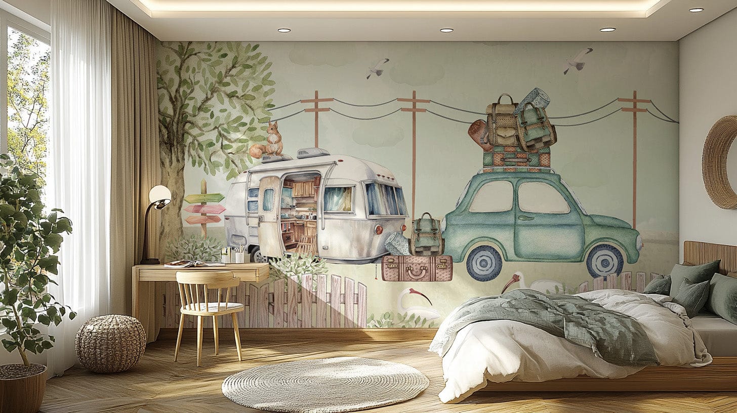 Pastoral Caravanning Scene Wallpaper for kids C348