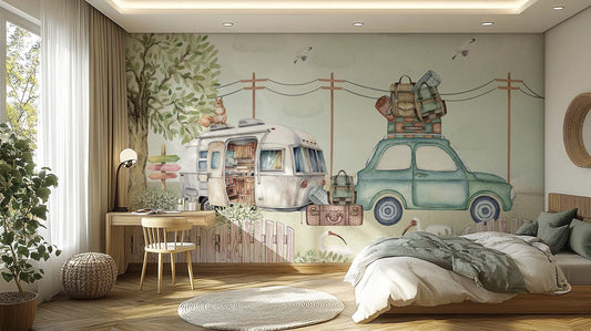 Pastoral Caravanning Scene Wallpaper for kids C348