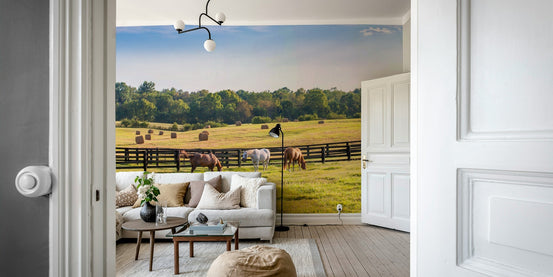 Countryside wall mural with horses and hay bales, GD2392