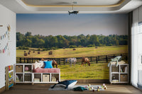 Pastoral landscape wallpaper with wooden fence
