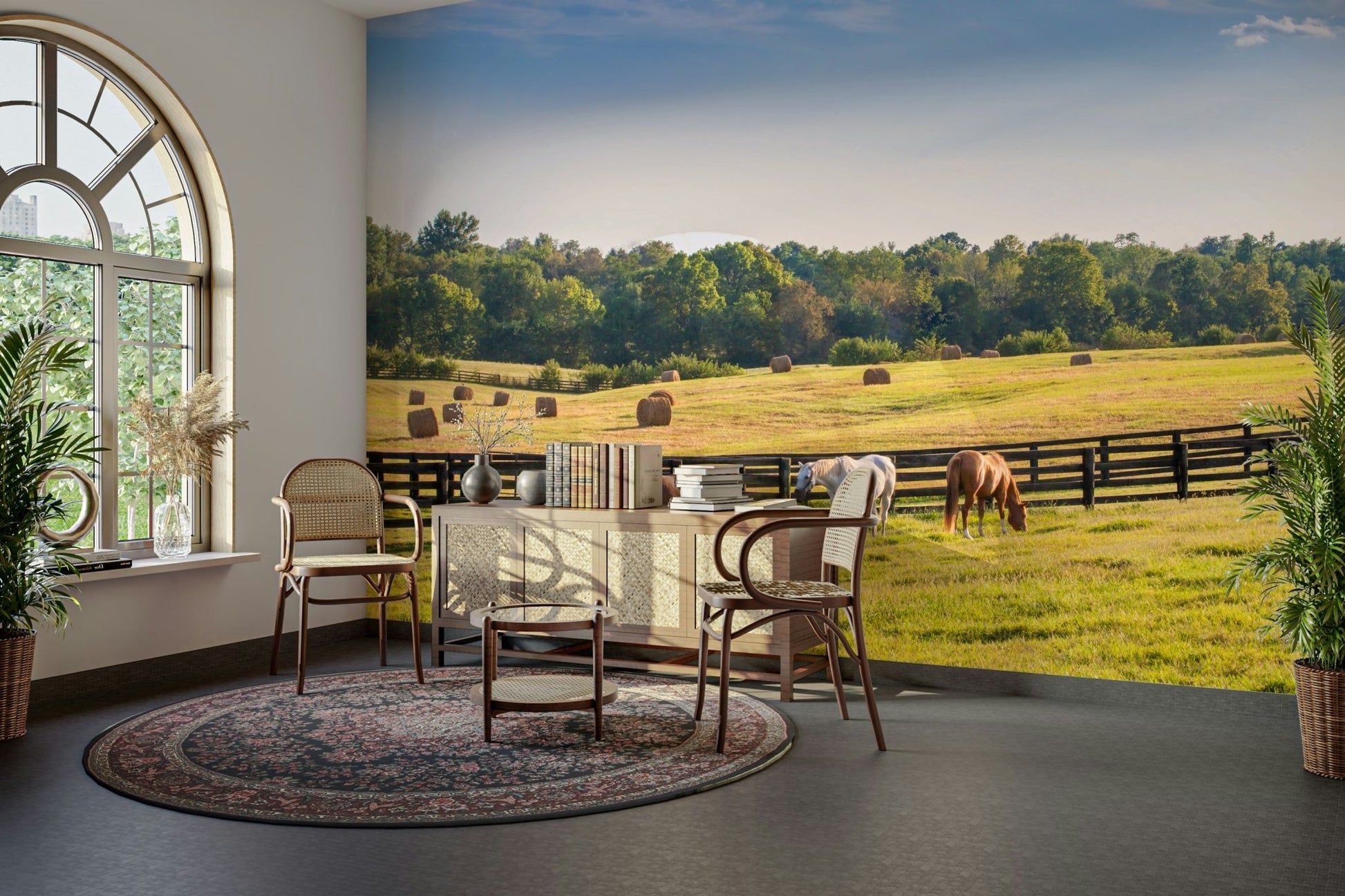 Farm field mural with trees and horses
