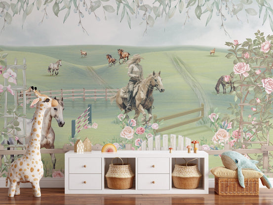 Pastoral pony mural for kids’ rooms, C326