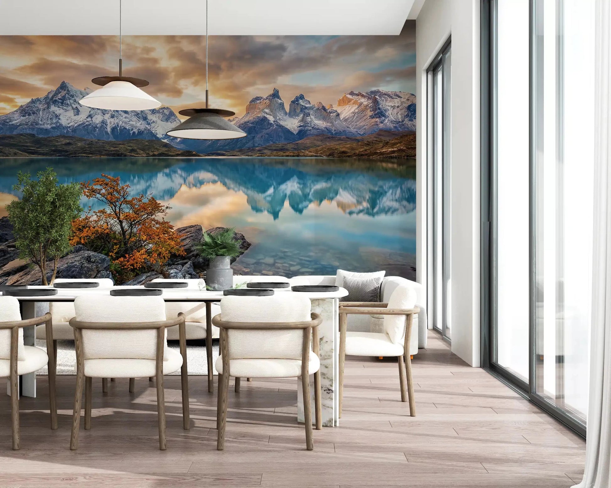 Snow-covered mountains reflected in lake within Patagonia Reflection wall mural, GD9228