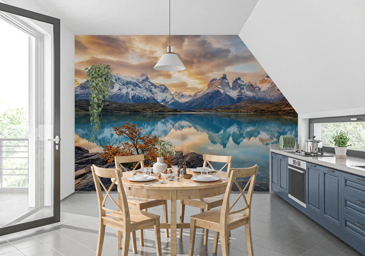Scenic mountain view captured in Patagonia Reflection Autumn Peaks wall mural, GD9228