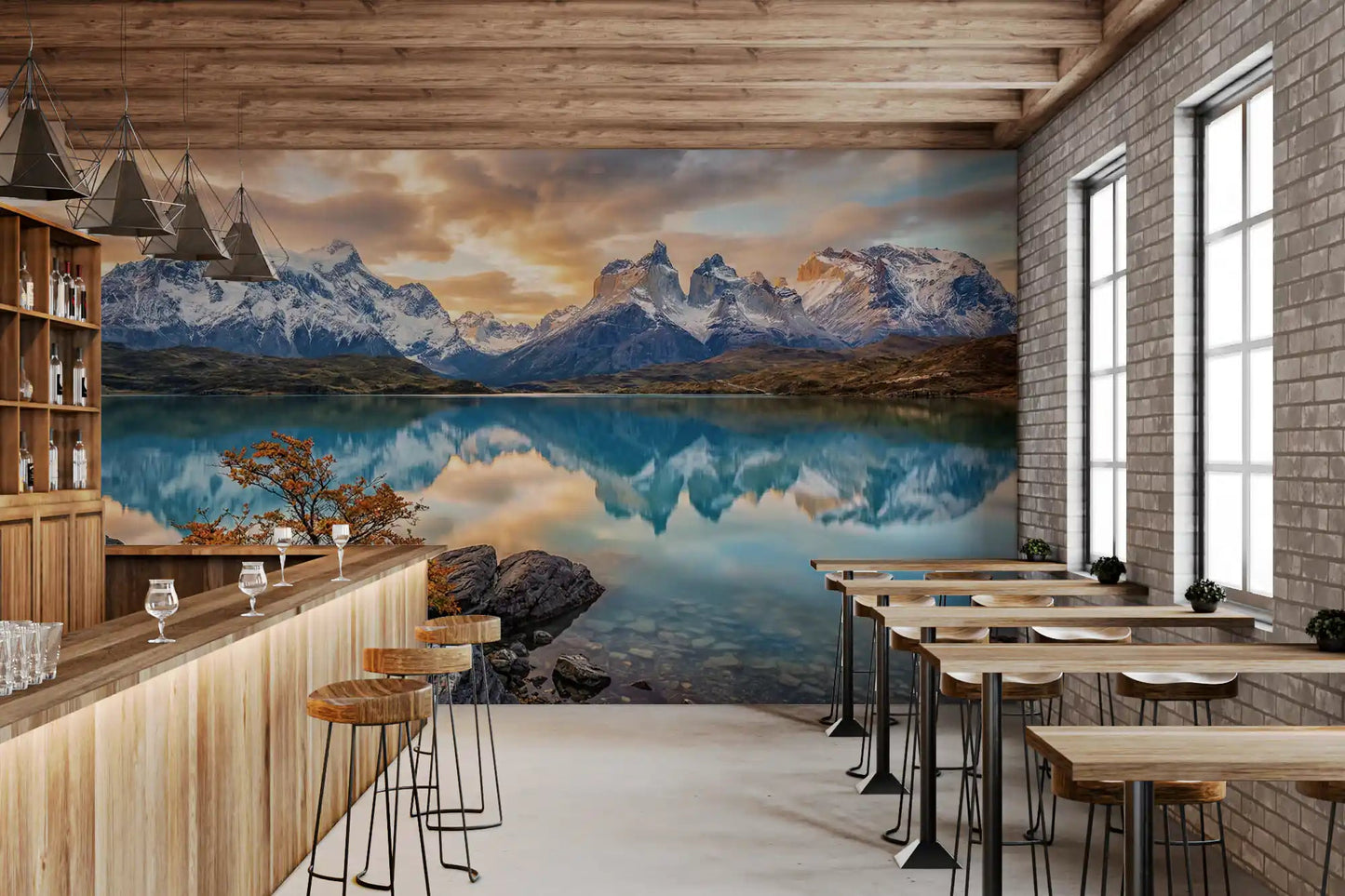 Mountain peaks and sky tones shown in Patagonia Reflection wall mural design, GD9228