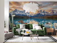 Living room styled with Patagonia Reflection Autumn Peaks wall mural mountain view, GD9228