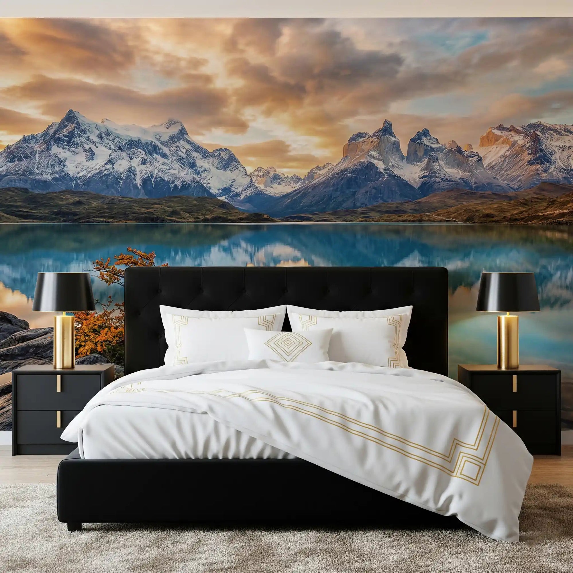 Bedroom space featuring Patagonia Reflection Autumn Peaks wall mural lake scene, GD9228