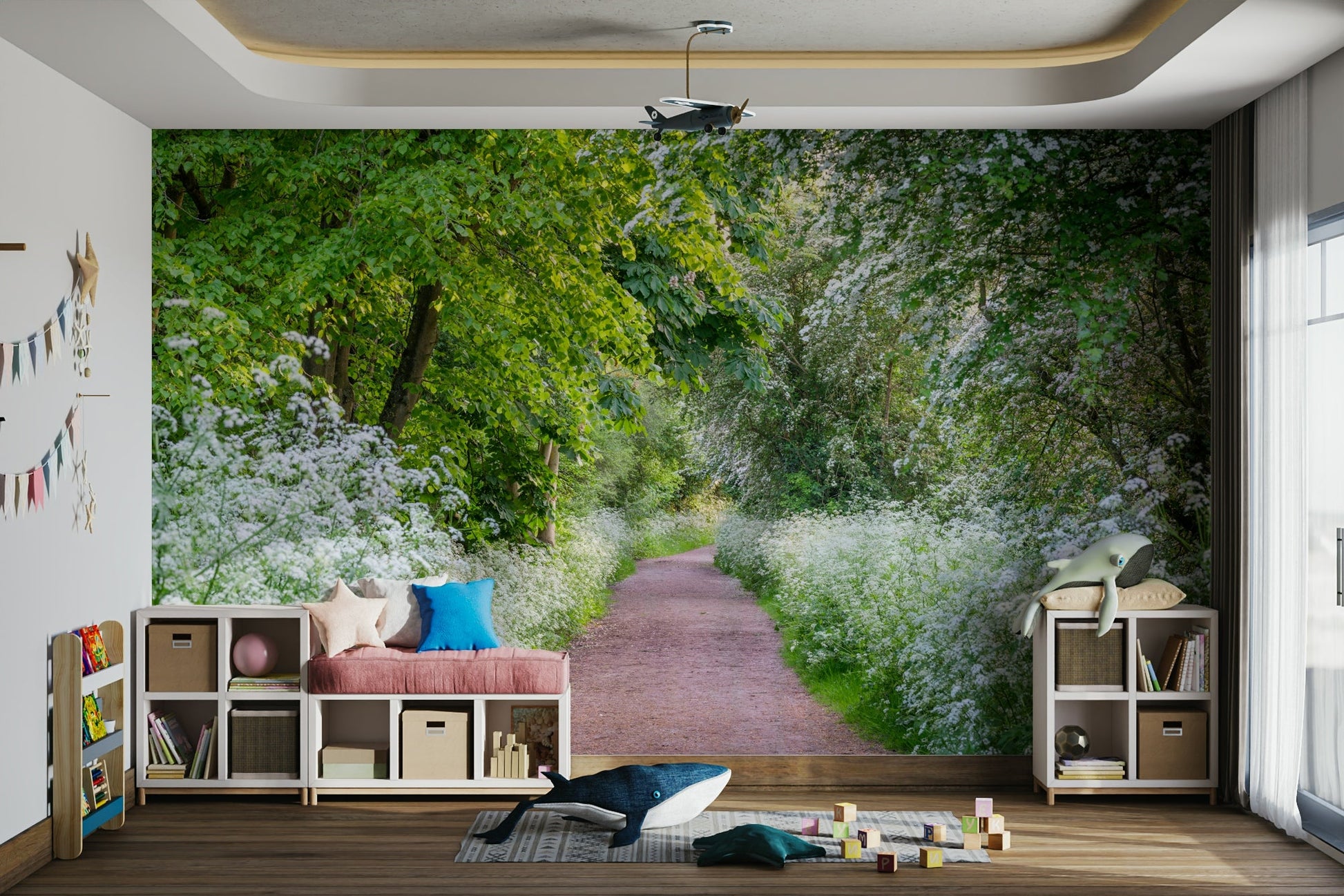 Tranquil countryside path bordered by blooming bushes GD5045