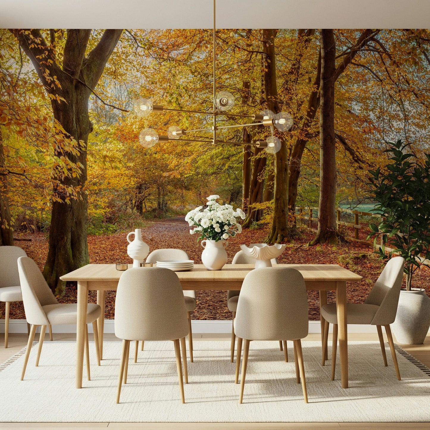 Seasonal home Pathway Covered in Fall Leaves Wall Mural decor print.