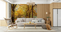 Wide panorama Pathway Covered in Fall Leaves Wall Mural image.