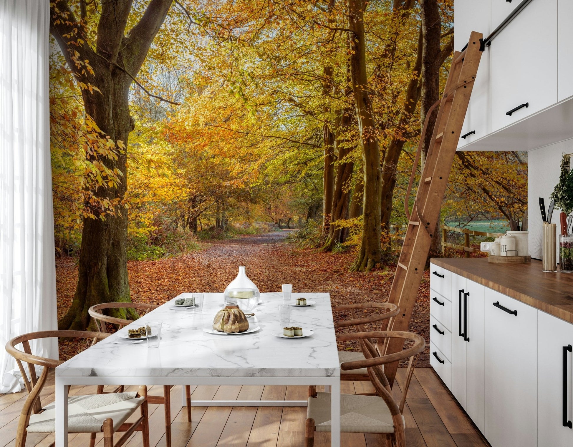 Rich autumnal Pathway Covered in Fall Leaves Wall Mural colors.