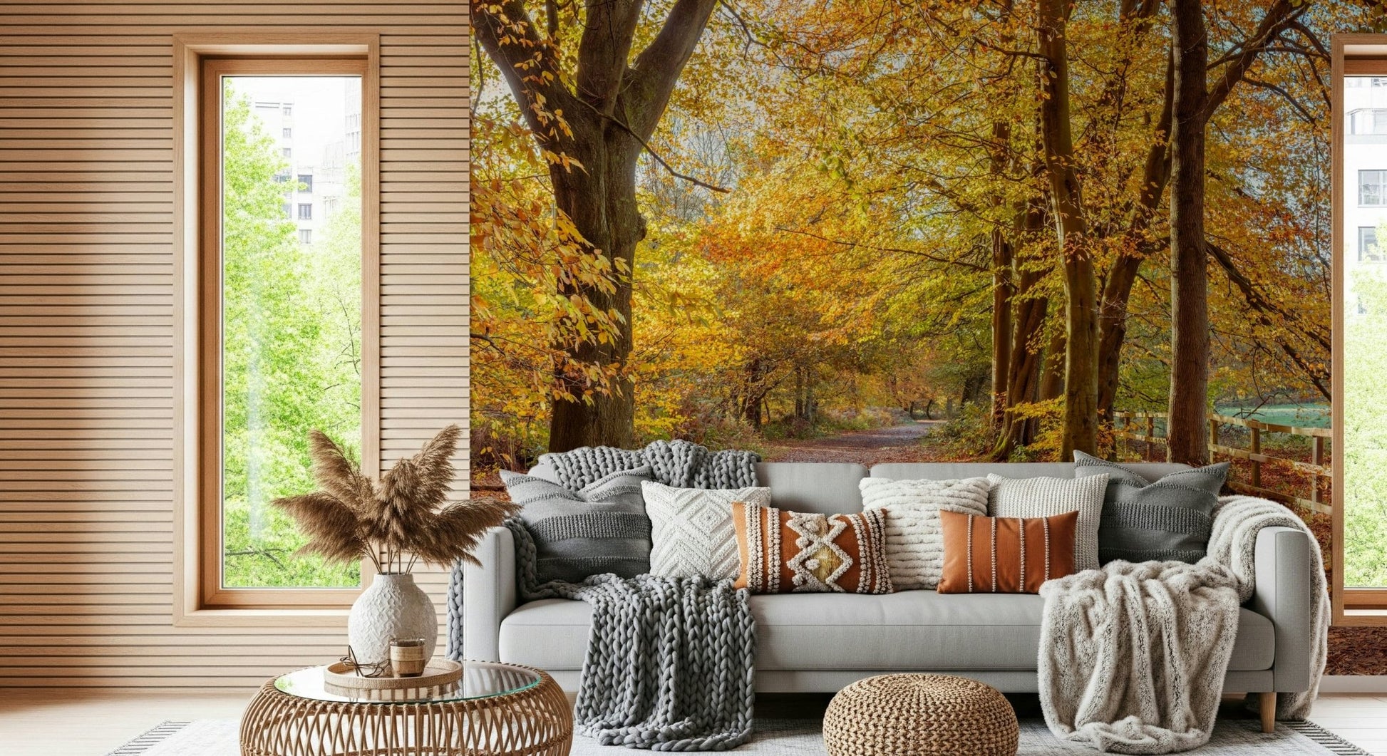 Forest path Pathway Covered in Fall Leaves Wall Mural in fall.