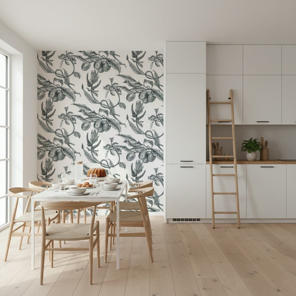 Heritage-style Pé de Maracujá monochrome artwork, fruit harvest wallpaper.