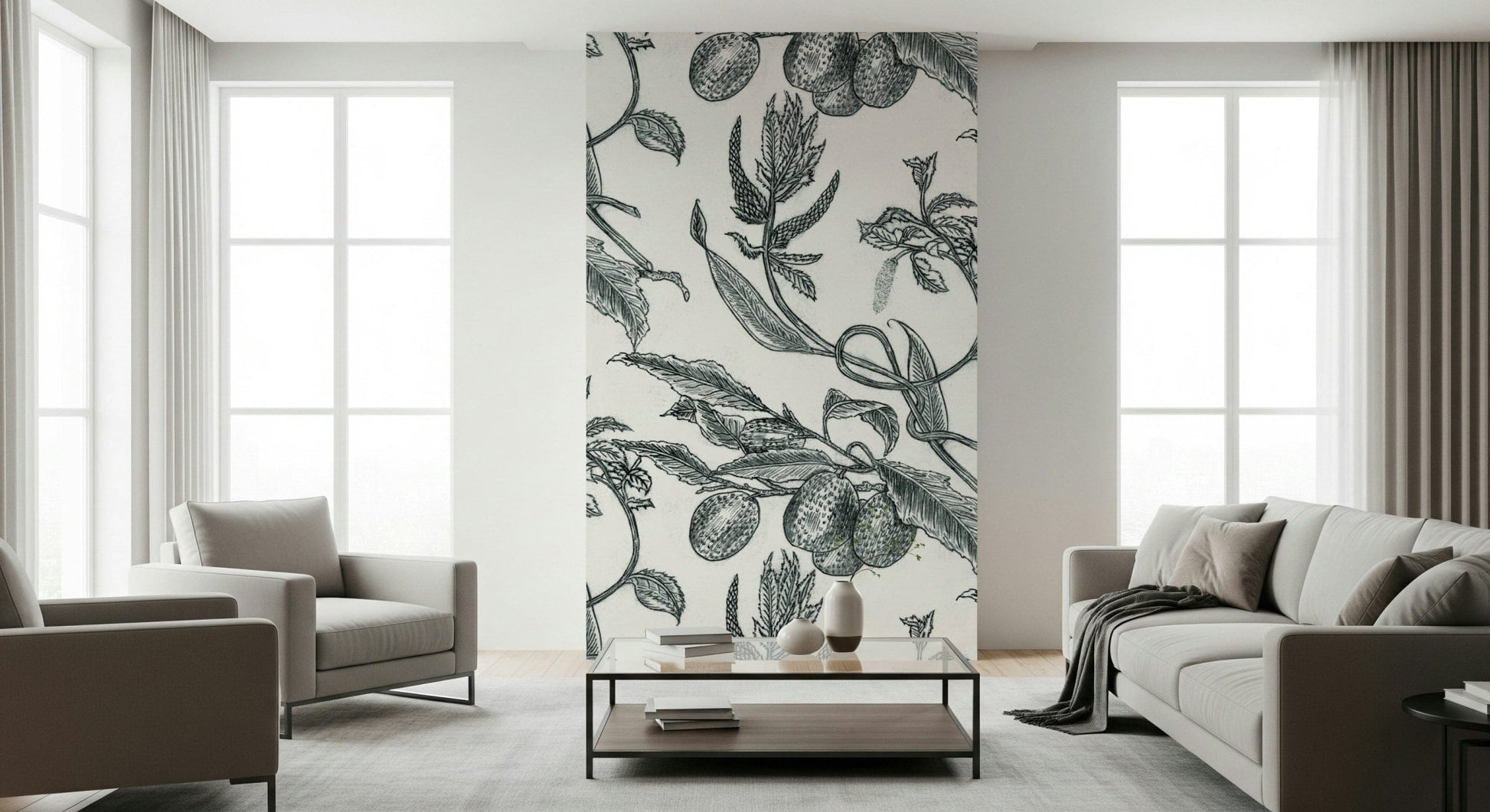 Pé de Maracujá wallpaper, intricate black and white passion fruit vine mural.