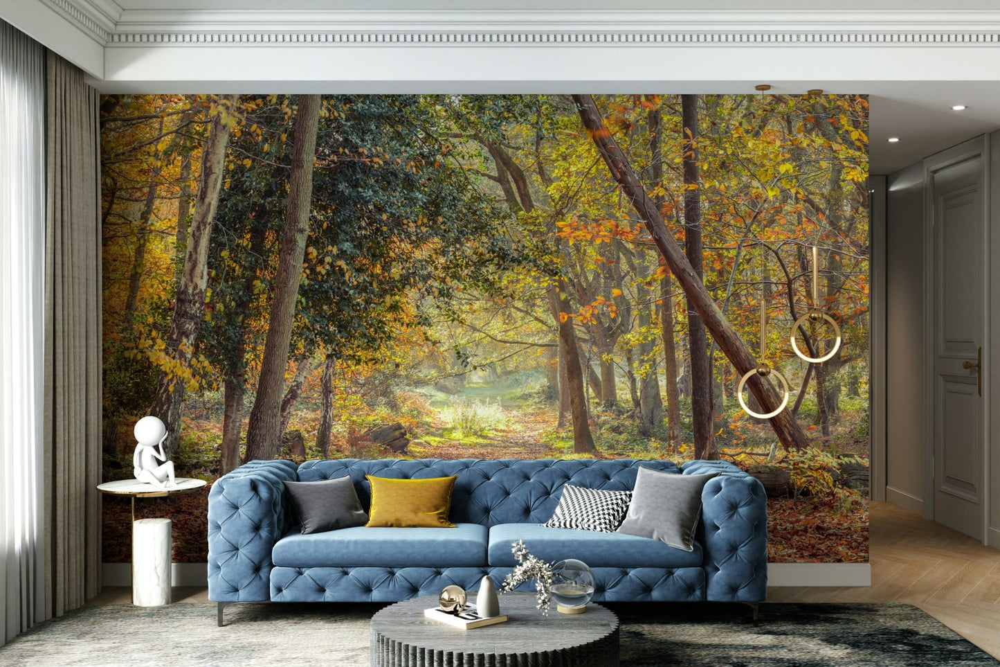 Scenic autumn landscape mural with woodland trail.

