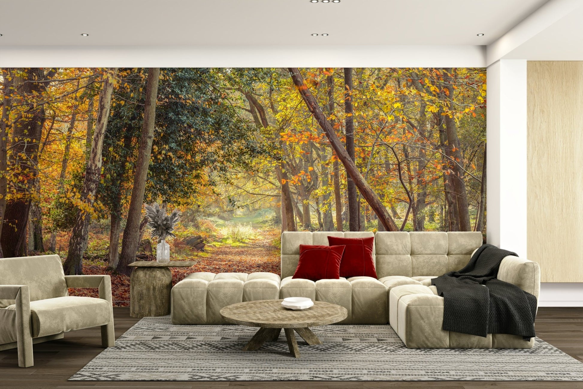 Warm-toned forest trail with falling autumn leaves.

