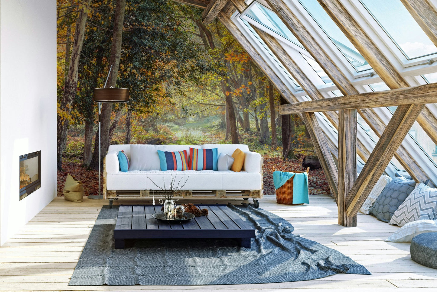 Golden tree-lined trail mural with rustic charm.

