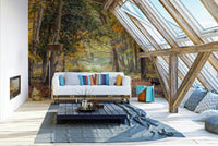 Golden tree-lined trail mural with rustic charm.

