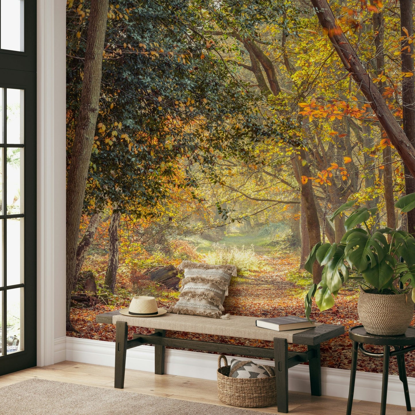 Peaceful path through a fall woodland setting.

