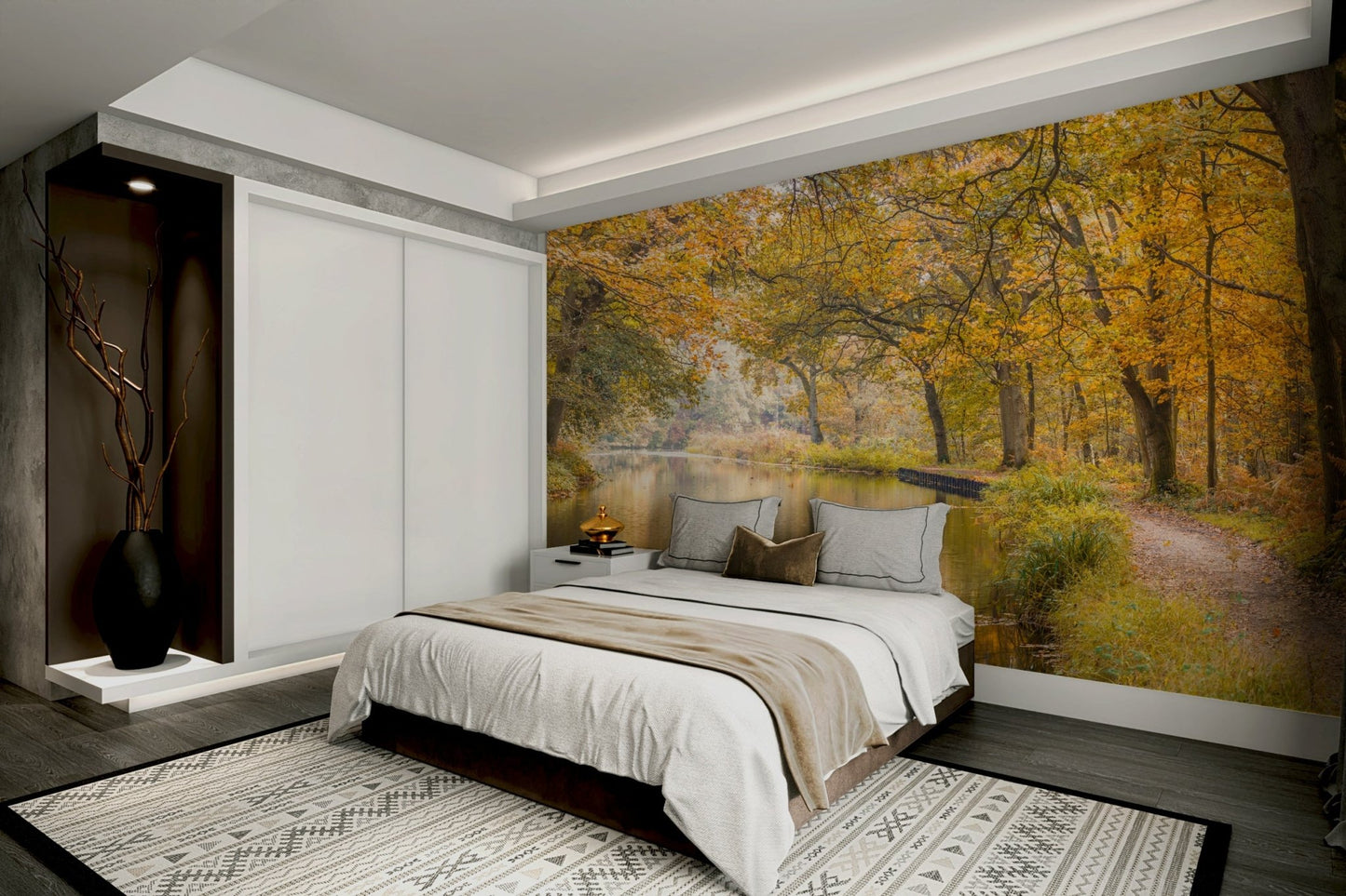 The water is calm and reflects the trees and sky.

