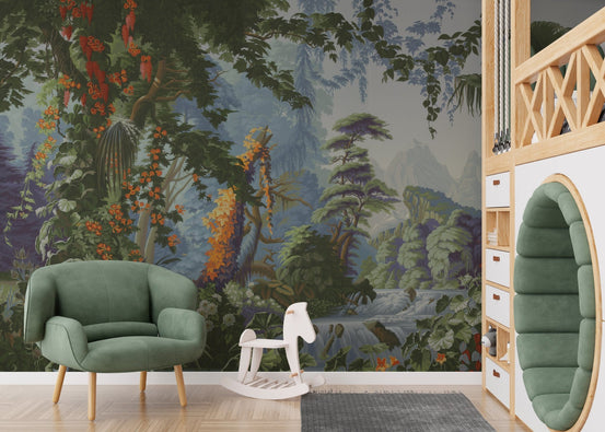 Serene forest wallpaper mural with lush greenery and blooms, C31