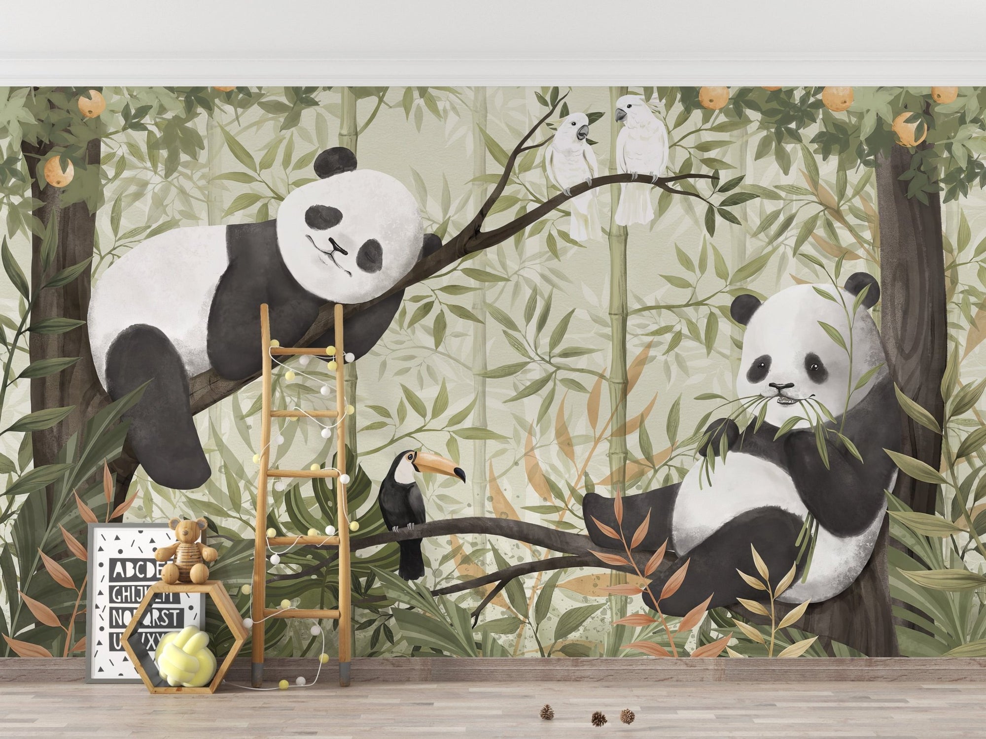 Playful pandas in a jungle-themed mural, C101