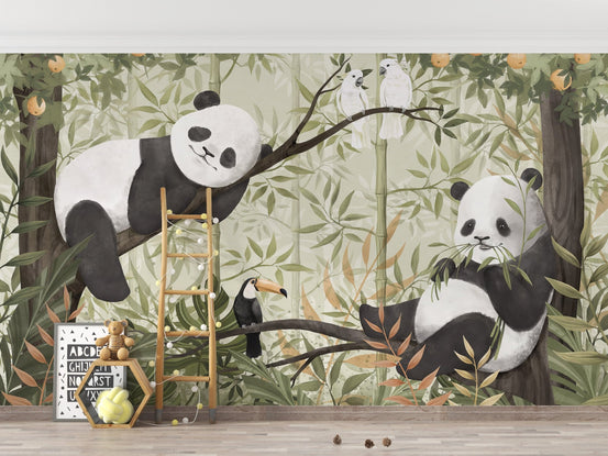 Playful pandas in a jungle-themed mural, C101