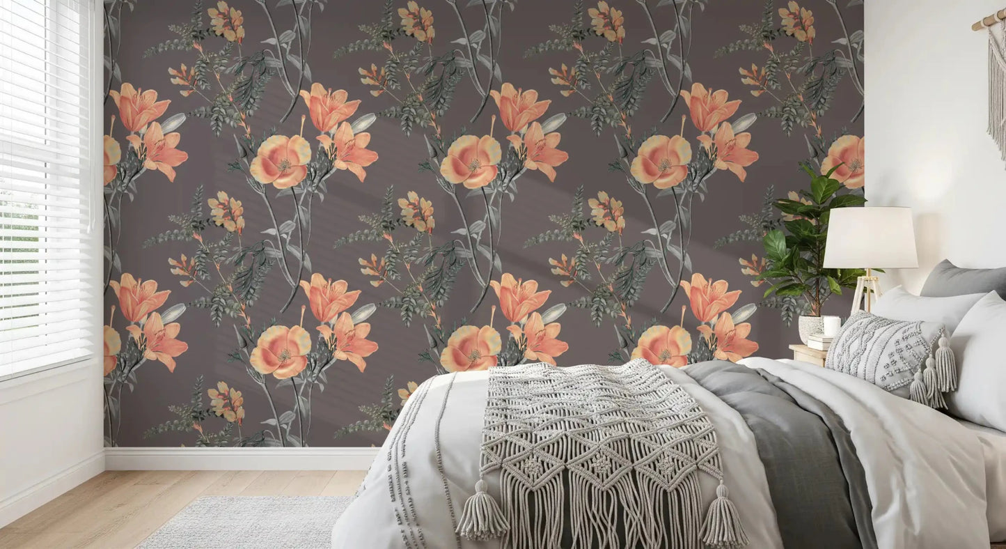 Bedroom styled in Botanical Elegance Wallpaper with peach blooms