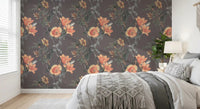 Bedroom styled in Botanical Elegance Wallpaper with peach blooms