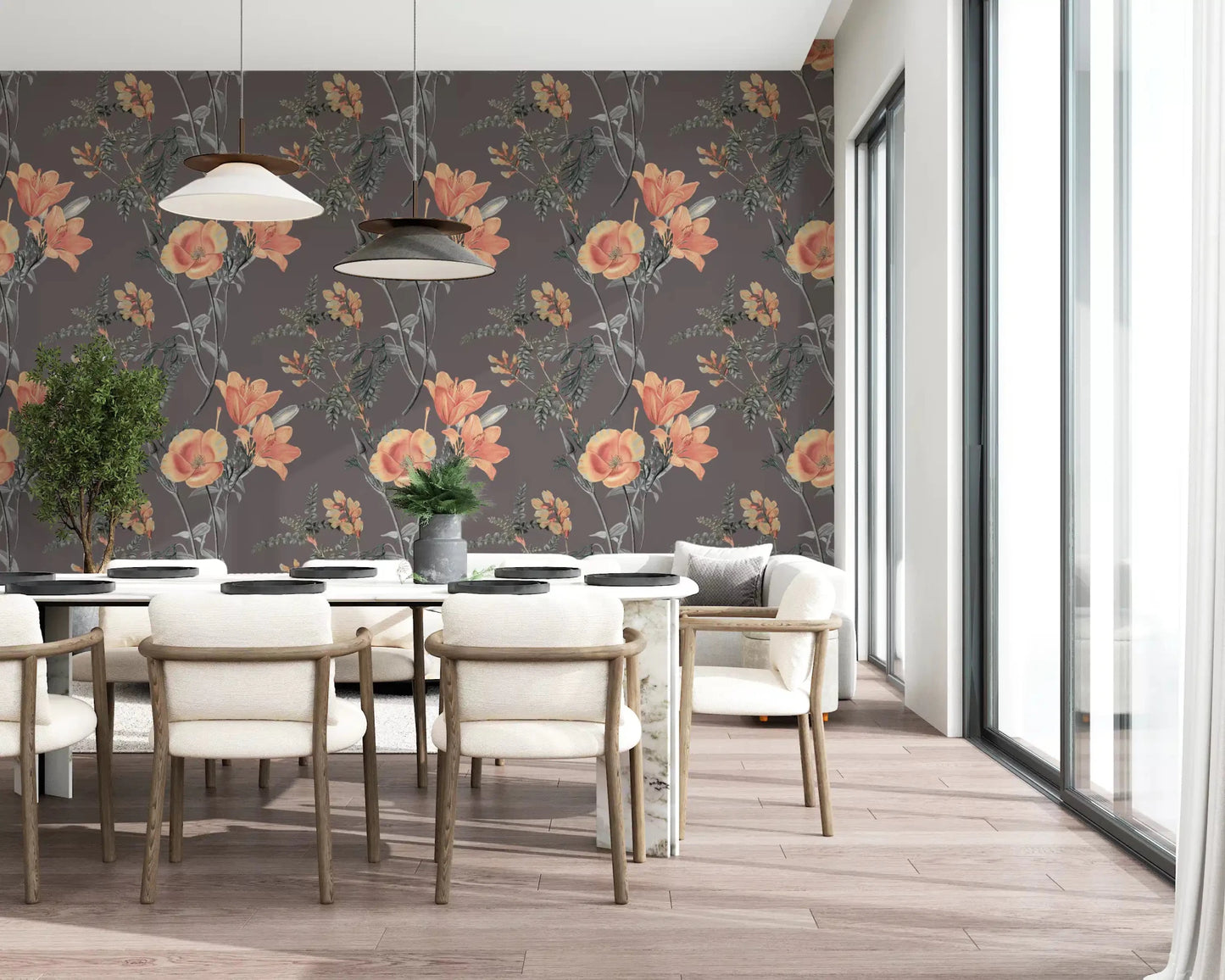 Soft garden pattern on Botanical Elegance dark Wallpaper