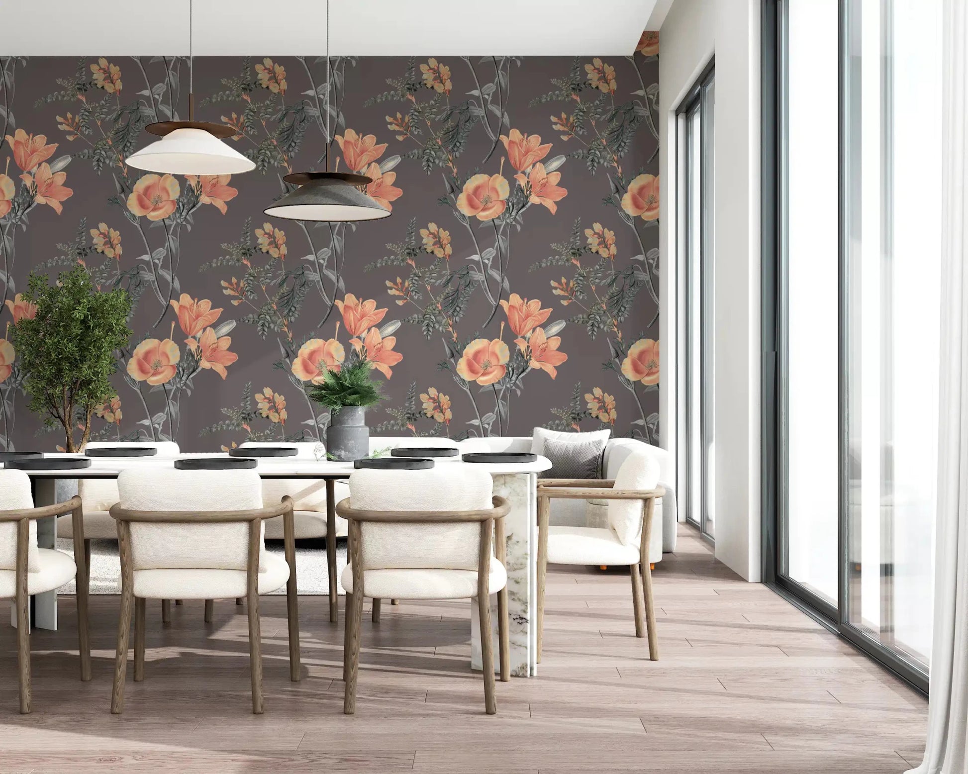 Soft garden pattern on Botanical Elegance dark Wallpaper
