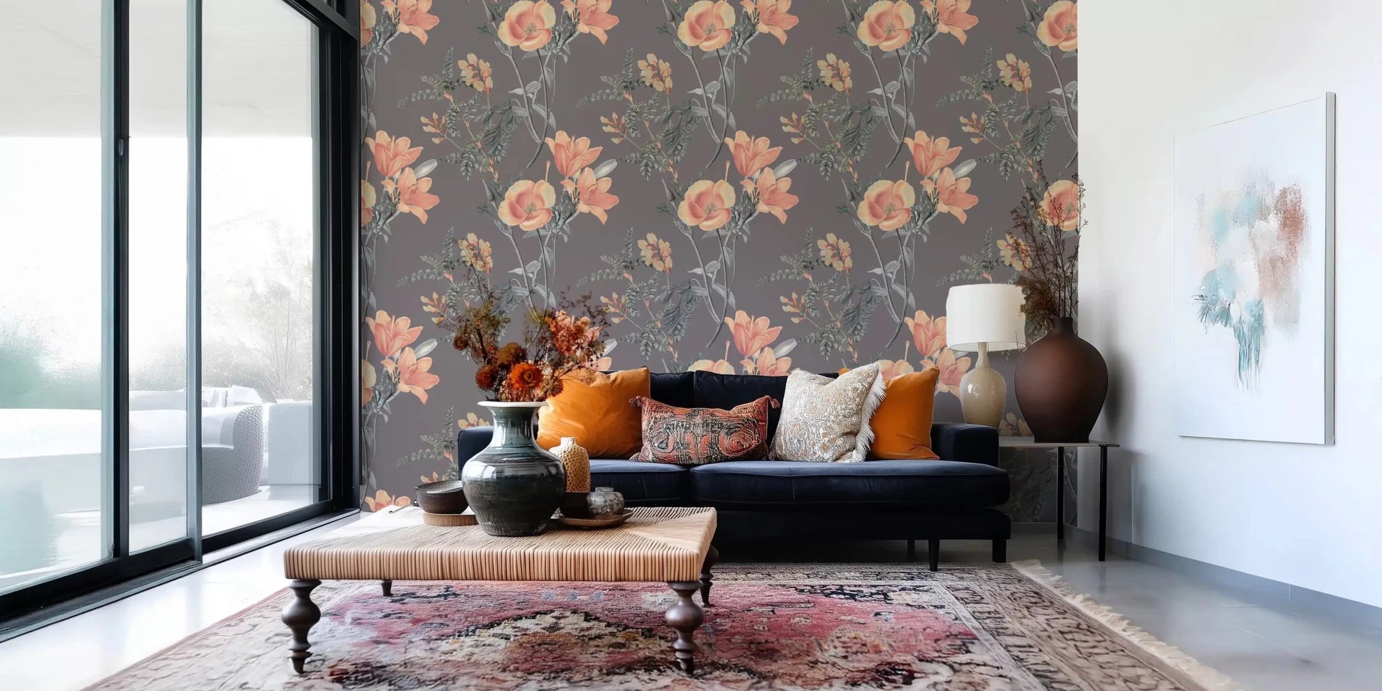 Peach blooms across Peach and Sage Wallpaper with leafy stems