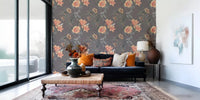 Peach blooms across Peach and Sage Wallpaper with leafy stems