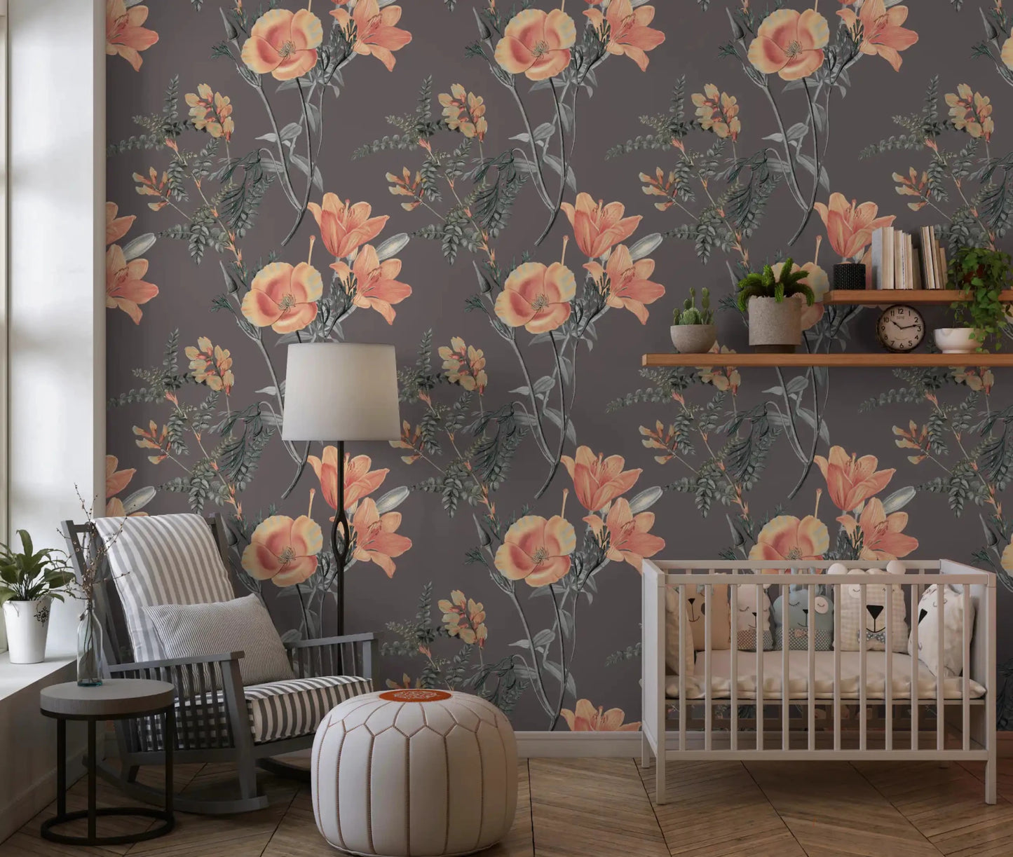 Sage leaf detailing in Peach and Sage Wallpaper on dark ground