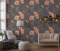 Sage leaf detailing in Peach and Sage Wallpaper on dark ground