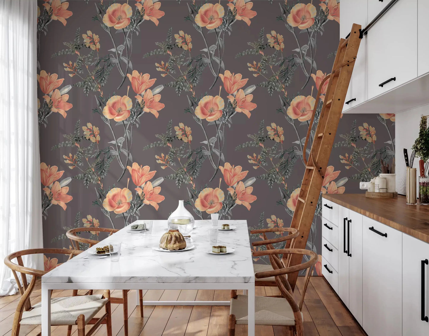 Vintage floral look in Peach and Sage Botanical Wallpaper