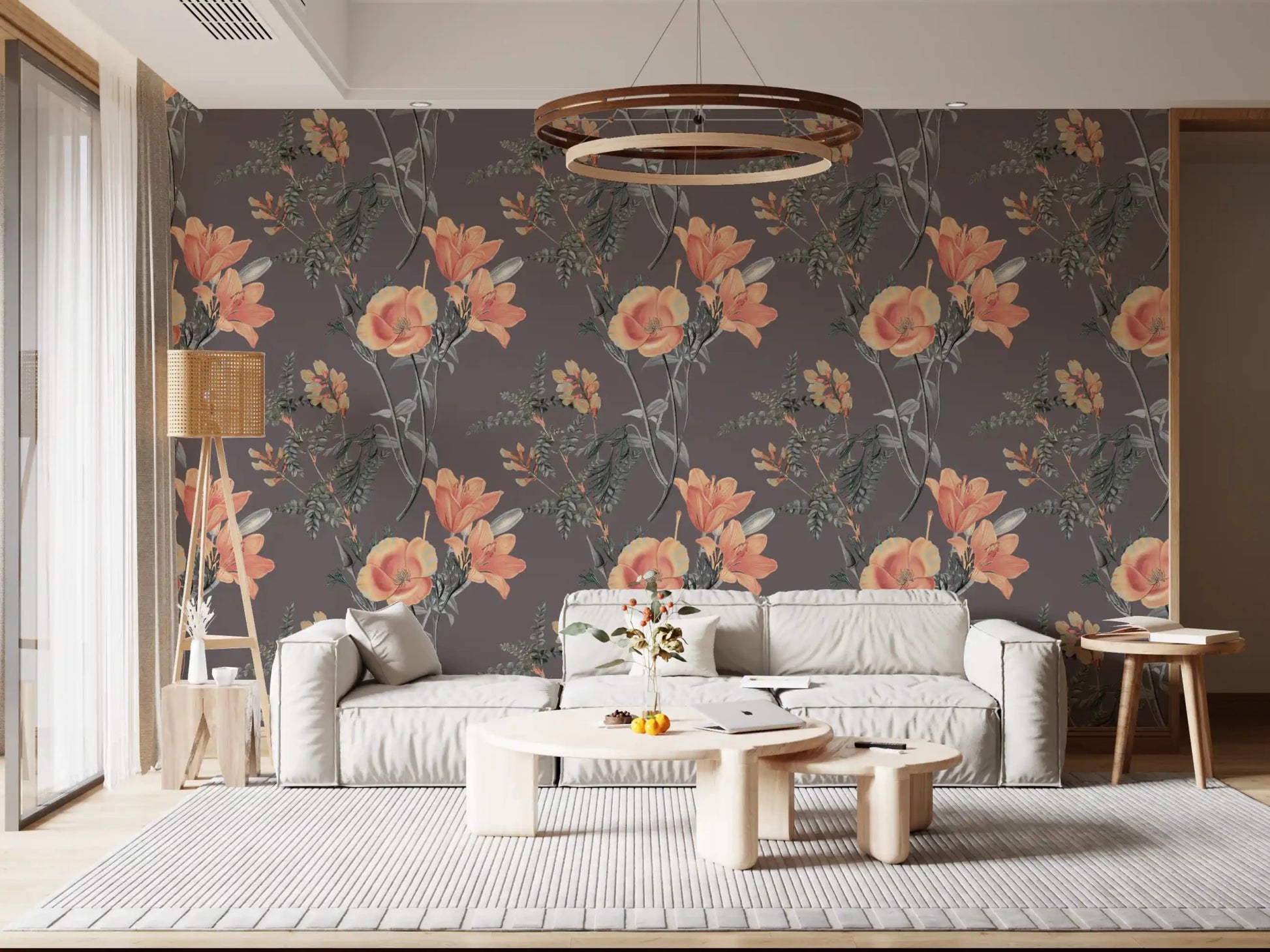 Living room with Peach and Sage Botanical Elegance Wallpaper