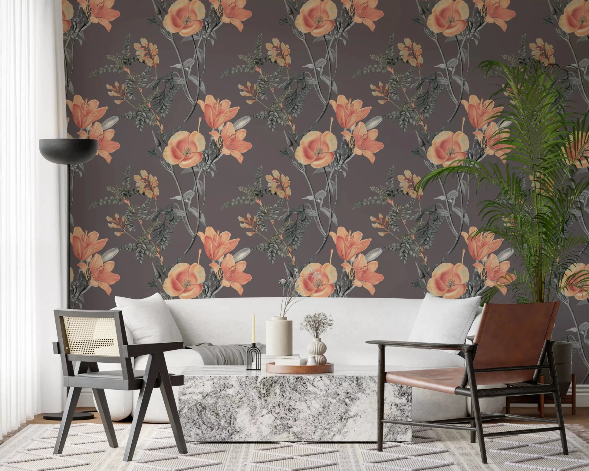 Hallway with Peach and Sage Wallpaper and floral branch detail