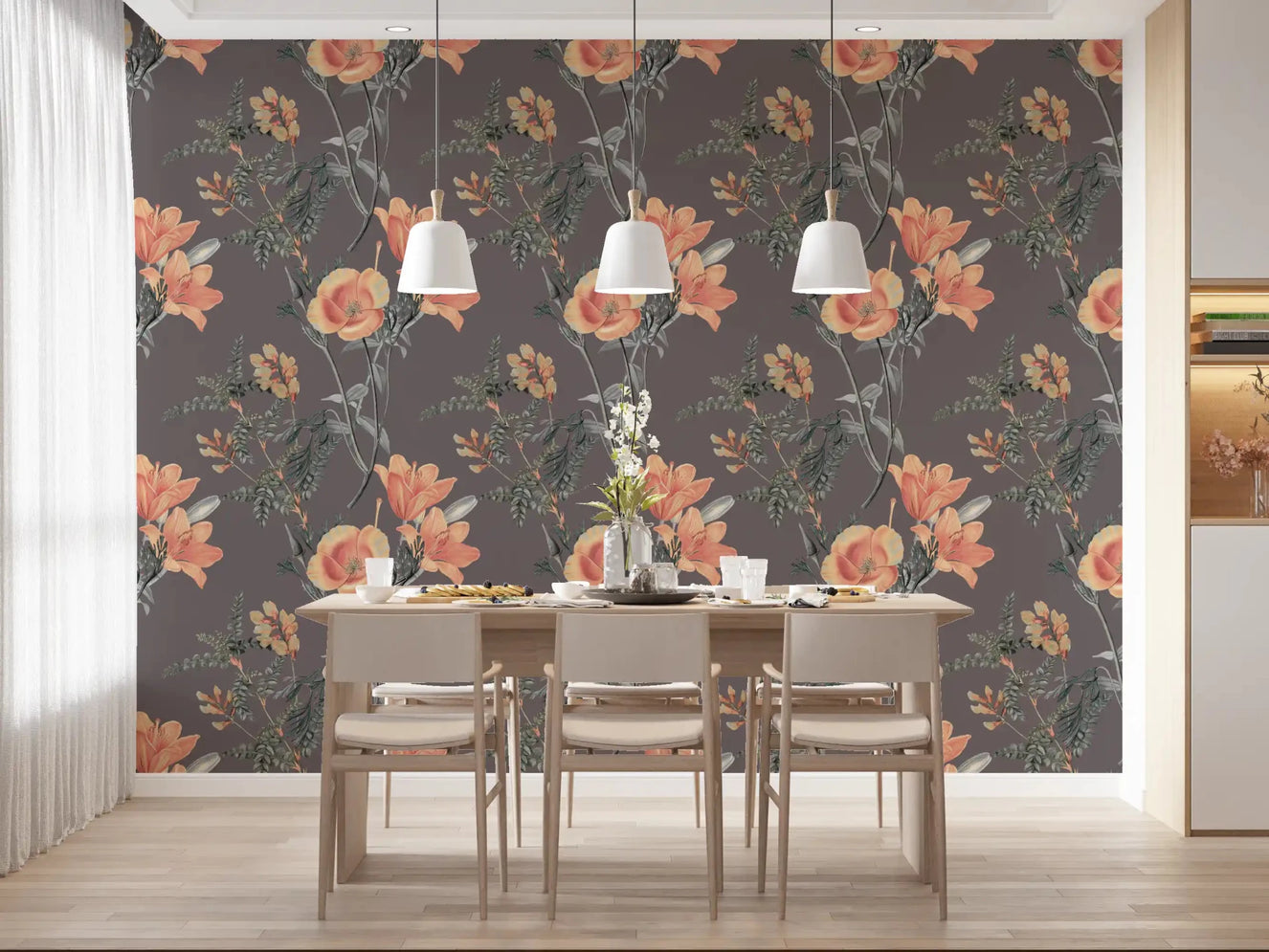 Dining area wall using Peach and Sage Botanical Elegance Wallpaper