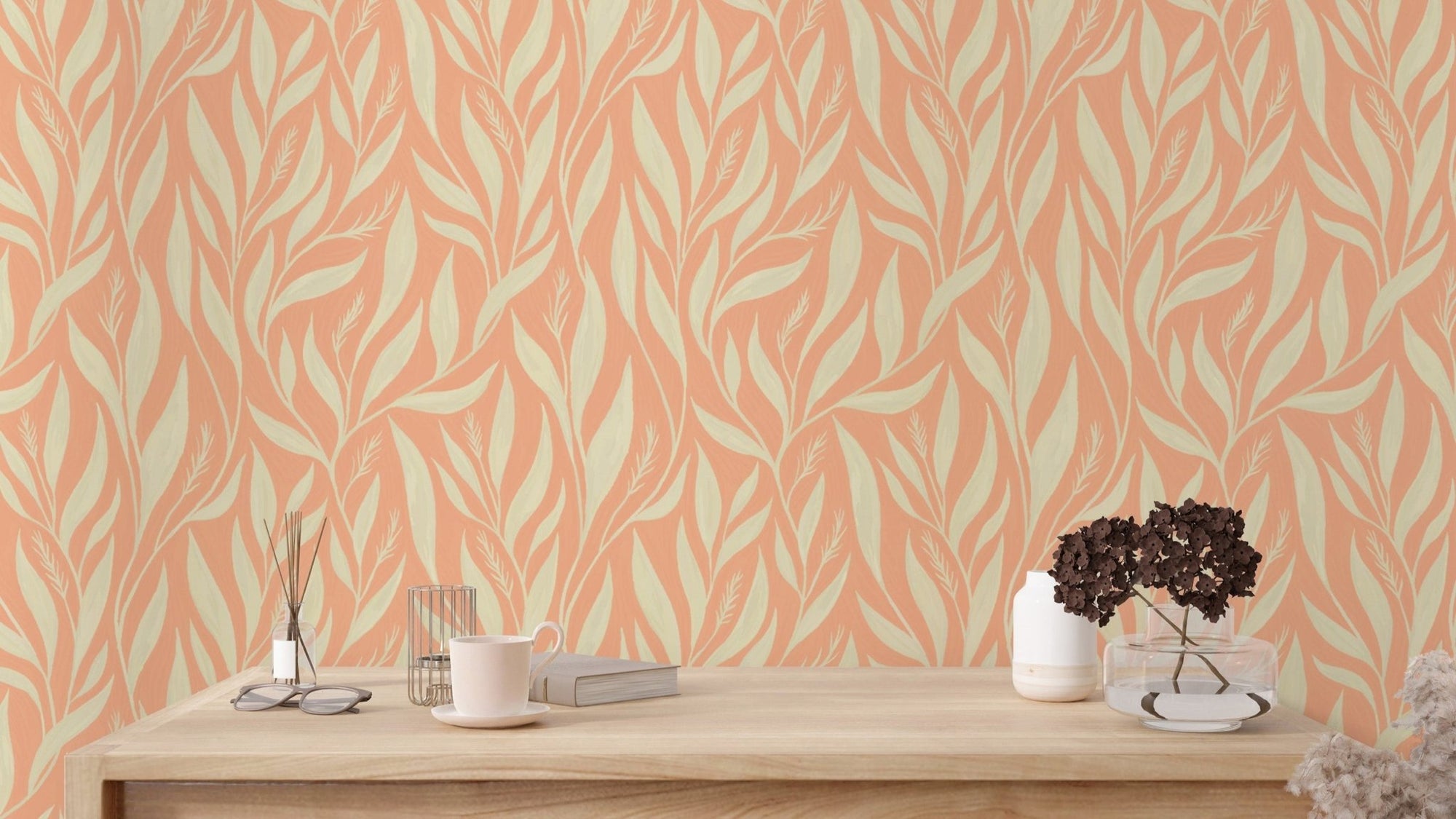 Chic peach background with white leaf art
 RNM58