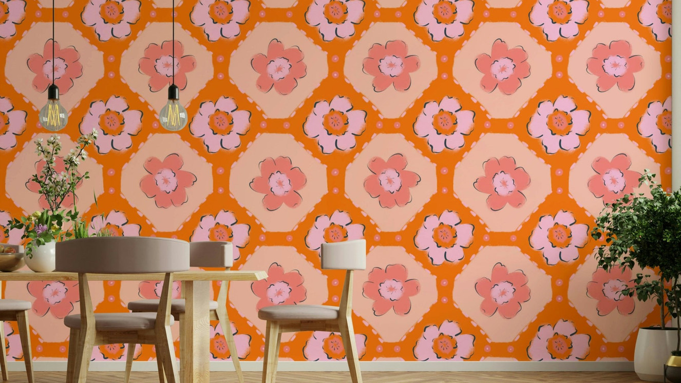 A wallpaper design with a floral burst pattern.

