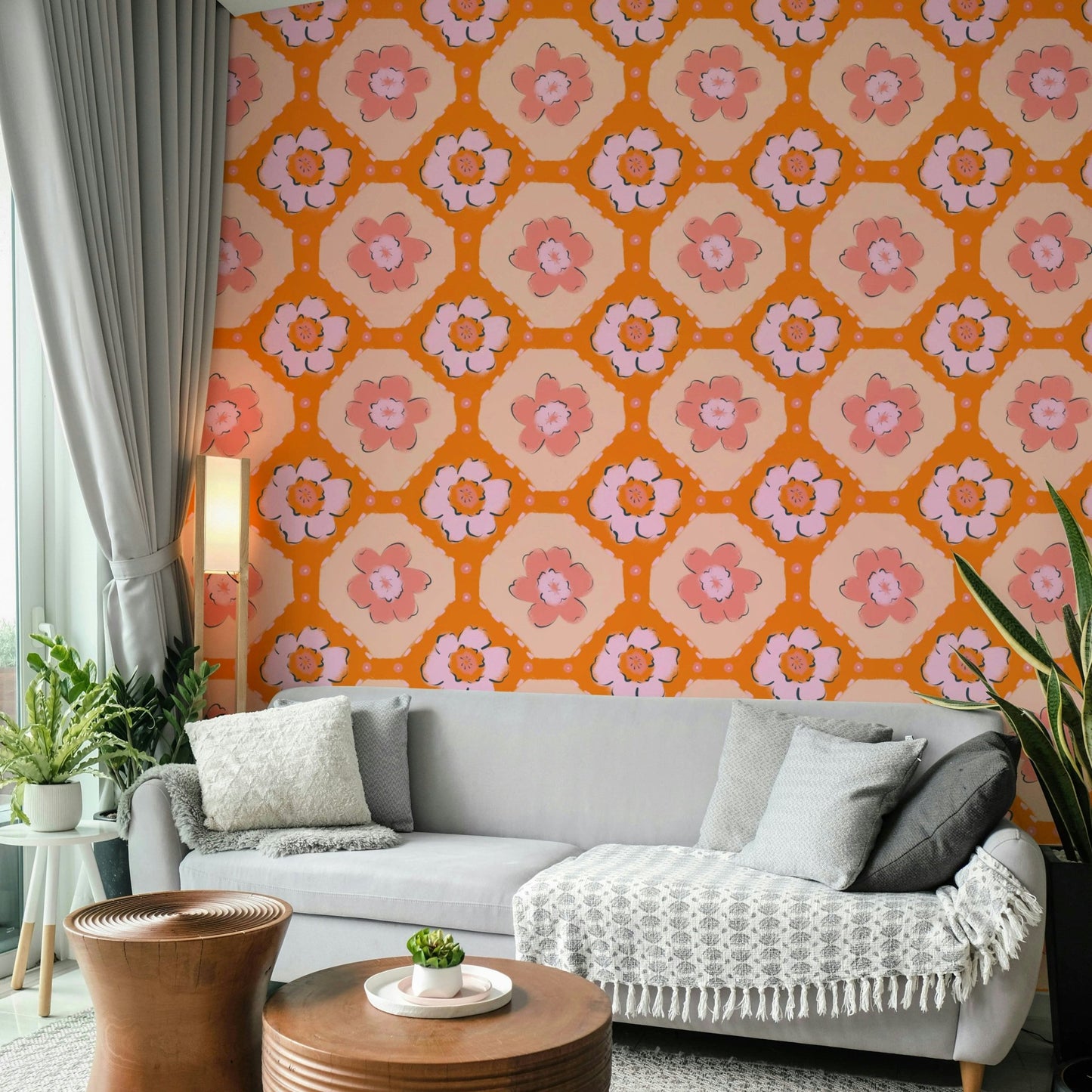 The colors are vibrant peach and complementary tones.

