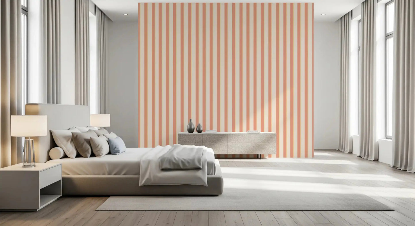 Bedroom with Peach & Cream Stripes Wallpaper and soft neutral seating