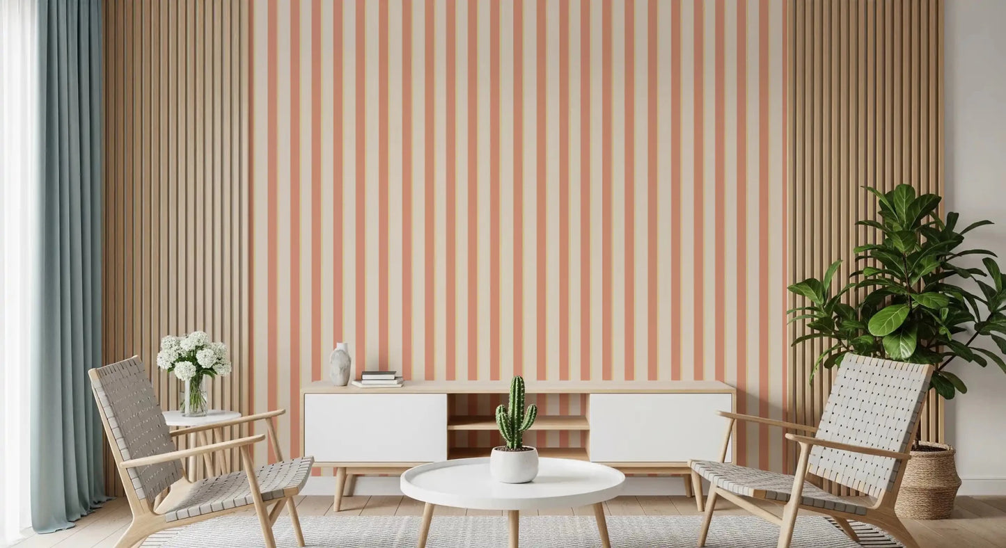 Living room area with Peach & Cream Stripes Wallpaper and a bright striped 