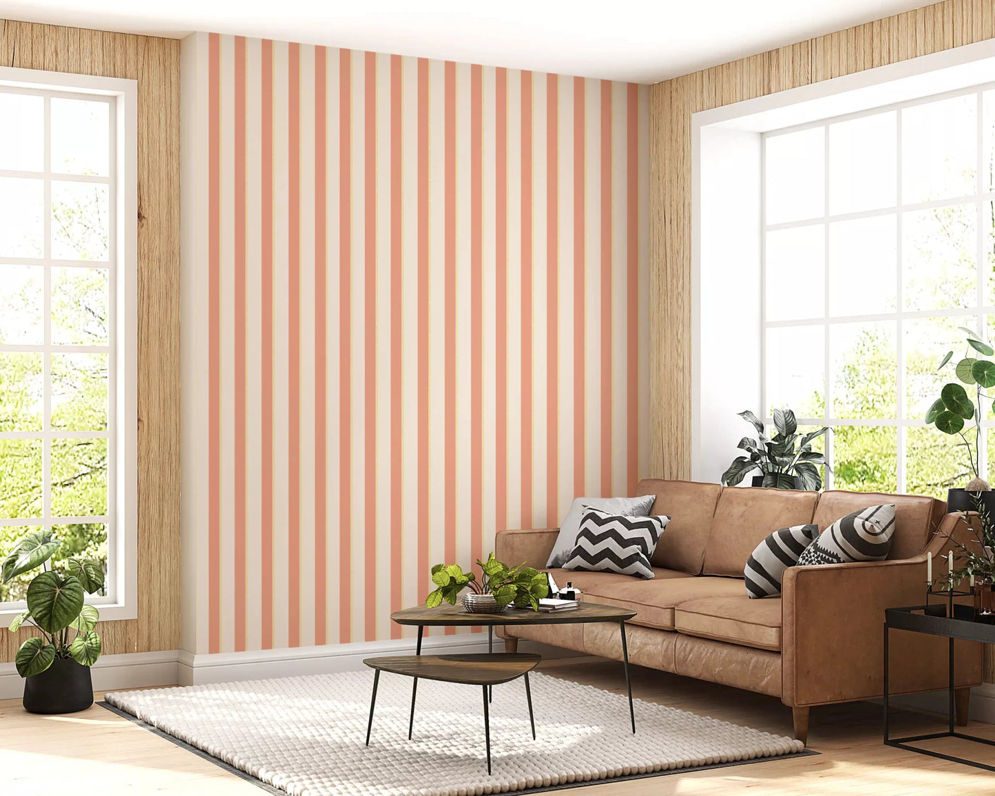 Sunlit sitting area with Peach & Cream Stripes Wallpaper and cozy seating